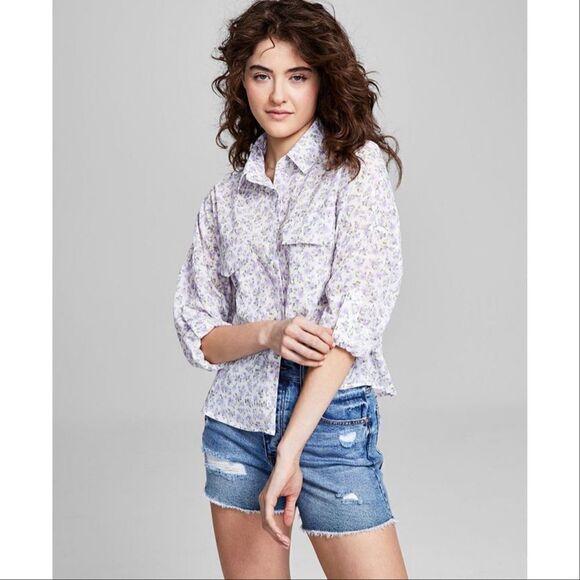 And Now This Floral Button Front Crop Utility Shirt Blouse White Purple Medium - Picture 2 of 14